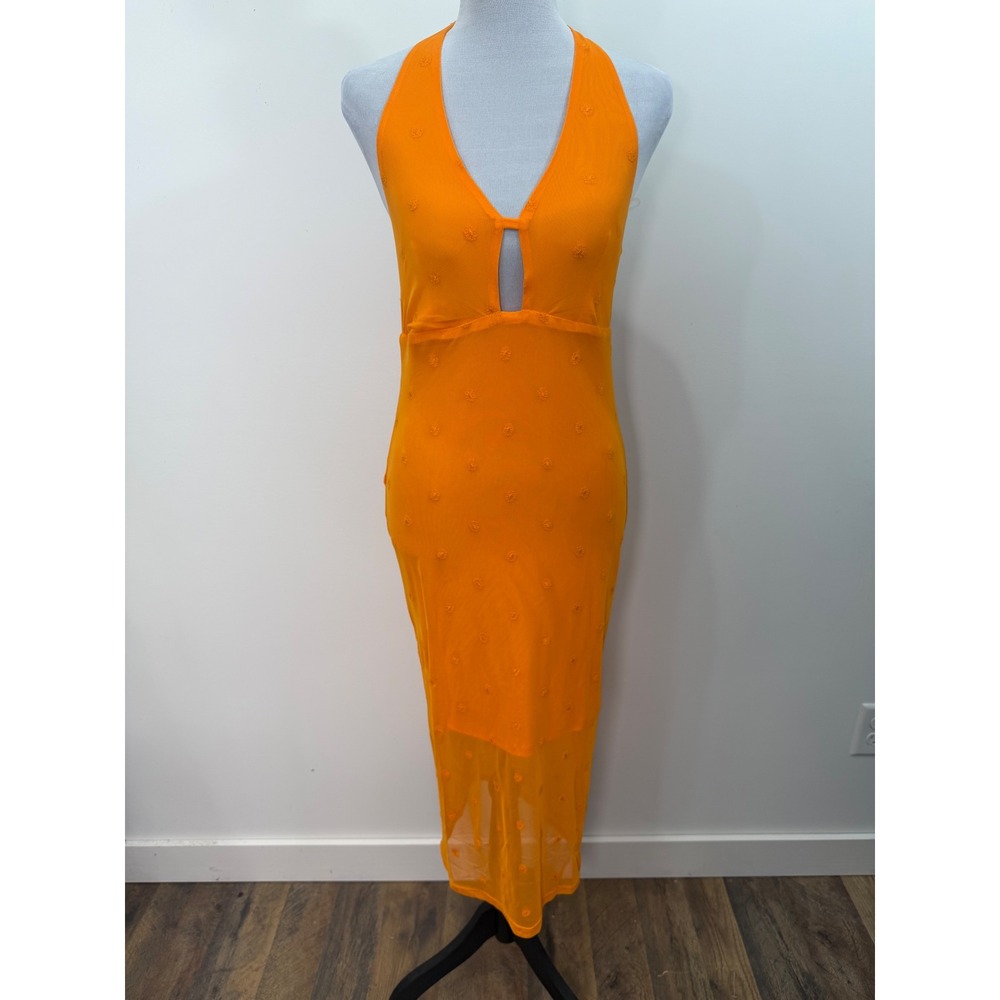 Wild Fable Orange Mesh Floral Embroidered Halter Midi Dress Small NWT